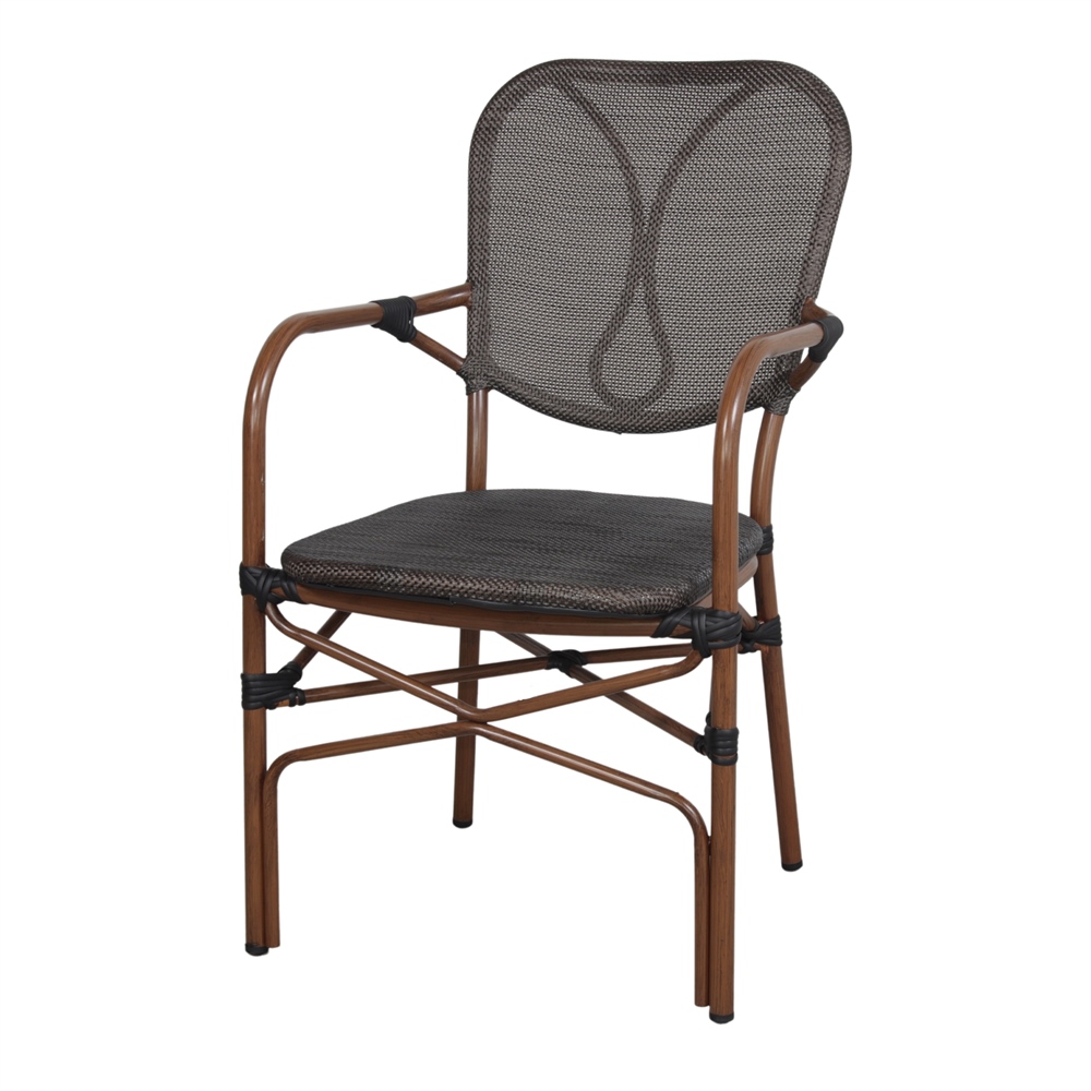 SILLA DE EXTERIOR DUBAI de estilo Bistró. Estructura de aluminio imitación a bambú, asiento y respaldo tapizado en textilene color negro. 1