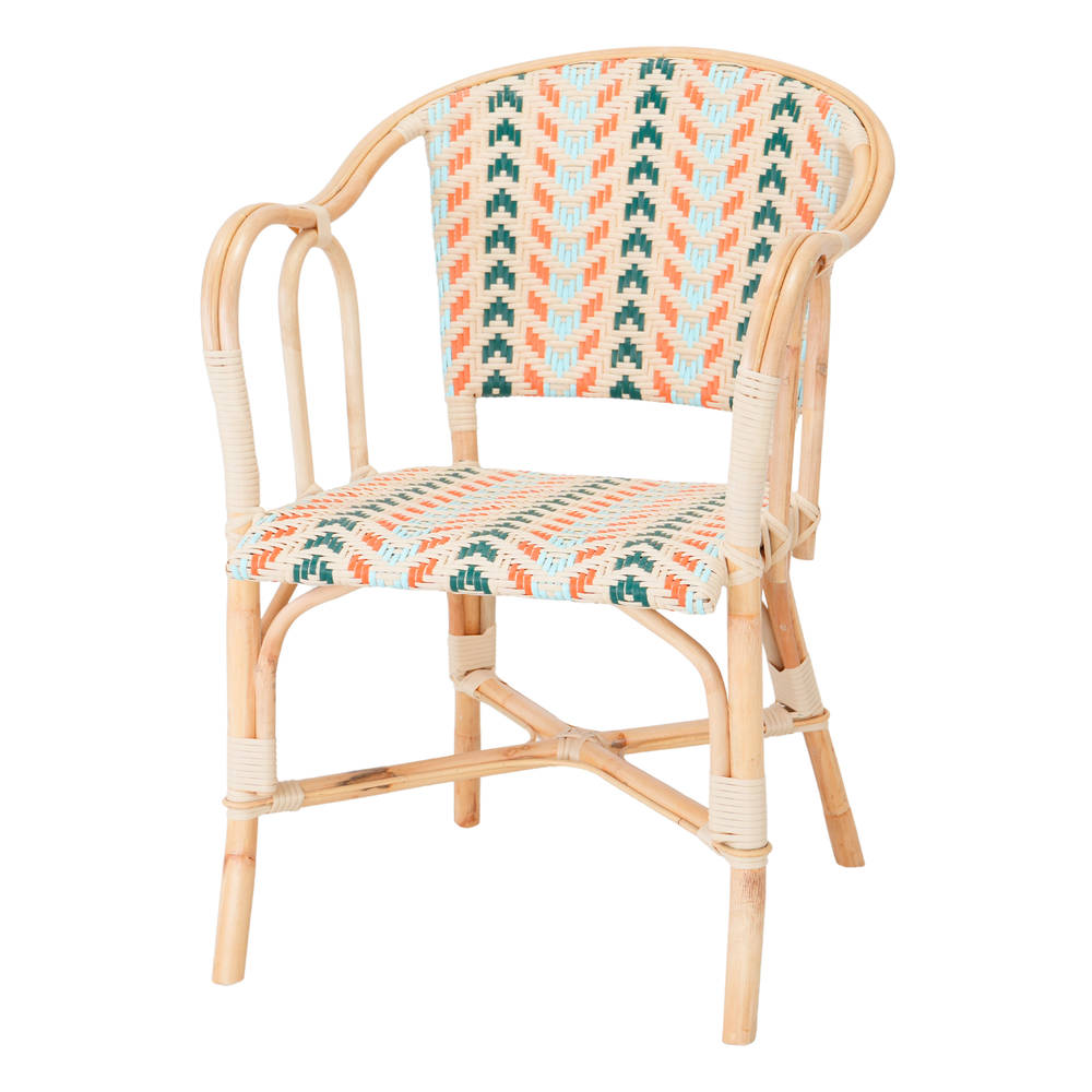 Silla de ratán sintético Salina, de estilo Bistro. Estructura de ratán natural. Asiento en médula de ratán sintético multicolor. No apta para exterior.