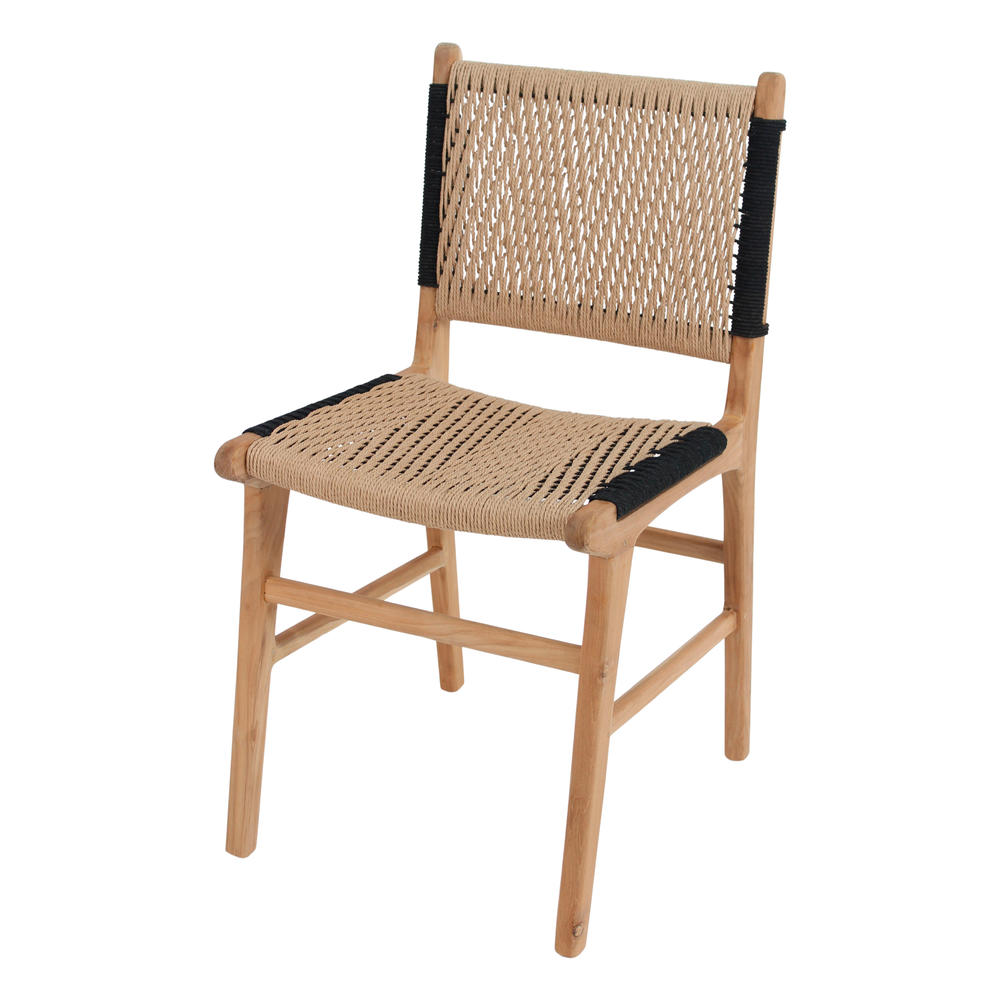 SILLA DE MADERA FABELIO estilo Mediterráneo. Estructura de madera maciza de teka. Asiento y respaldo en cuerda natural. Válida para exterior a cubierto