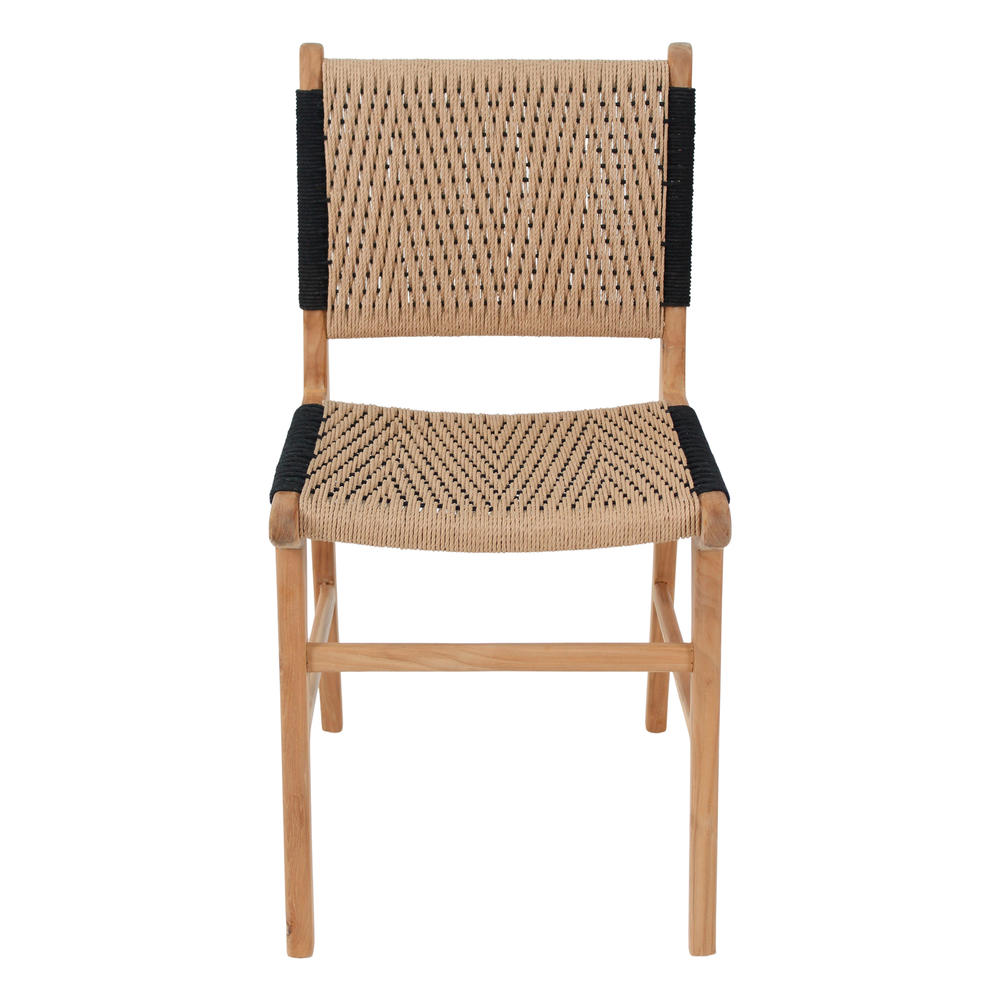 SILLA DE MADERA FABELIO estilo Mediterráneo. Estructura de madera maciza de teka. Asiento y respaldo en cuerda natural. Válida para exterior a cubierto frontal