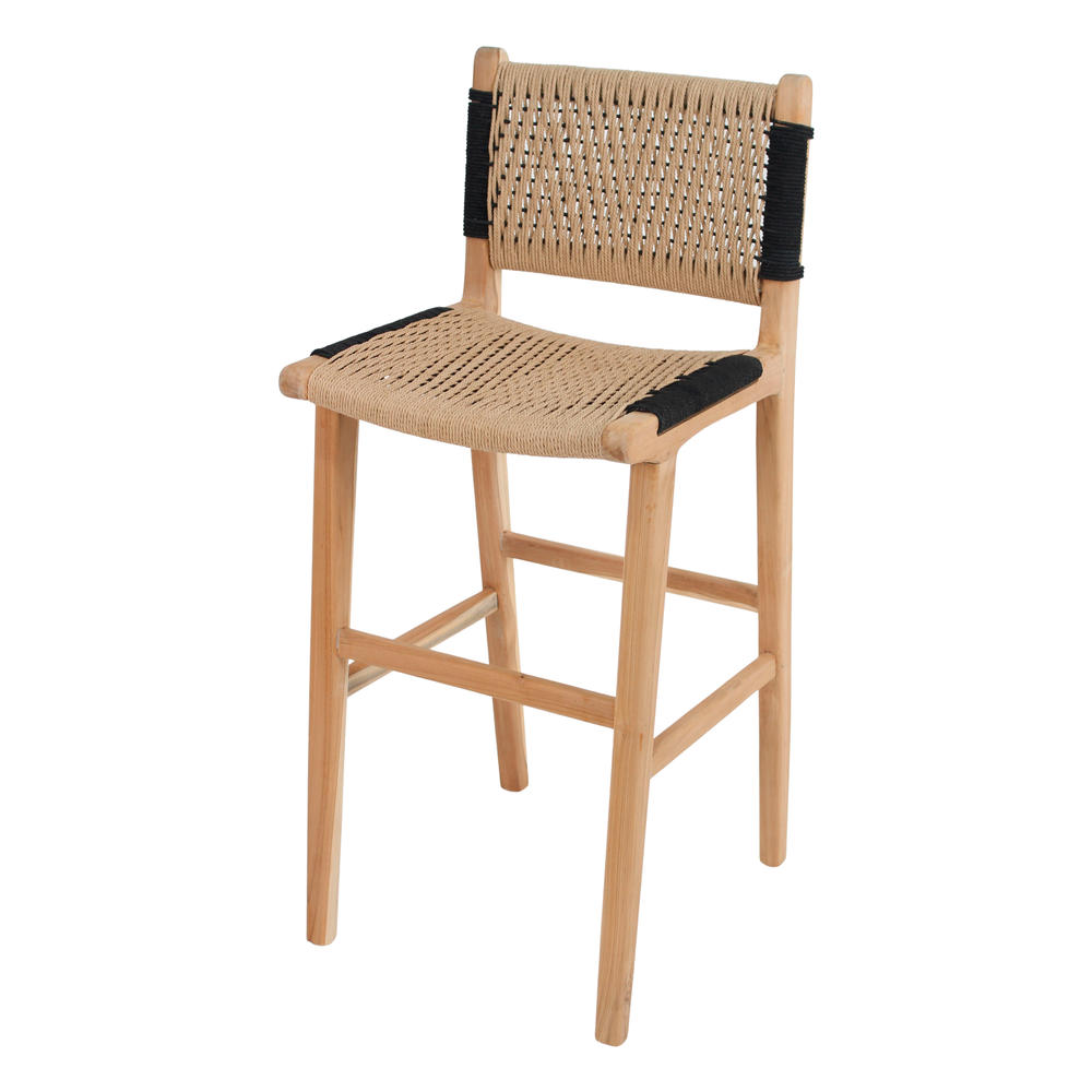TABURETE ALTO DE MADERA Y CUERDA HALDEN estilo Mediterráneo. Estructura de madera de teka. Asiento y respaldo en cuerda trenzada. Válido para exterior cubierto