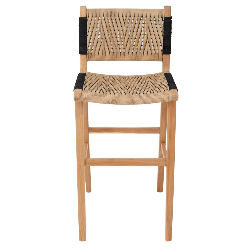 TABURETE ALTO DE MADERA Y CUERDA HALDEN estilo Mediterráneo. Estructura de madera de teka. Asiento y respaldo en cuerda trenzada. Válido para exterior cubierto frontal