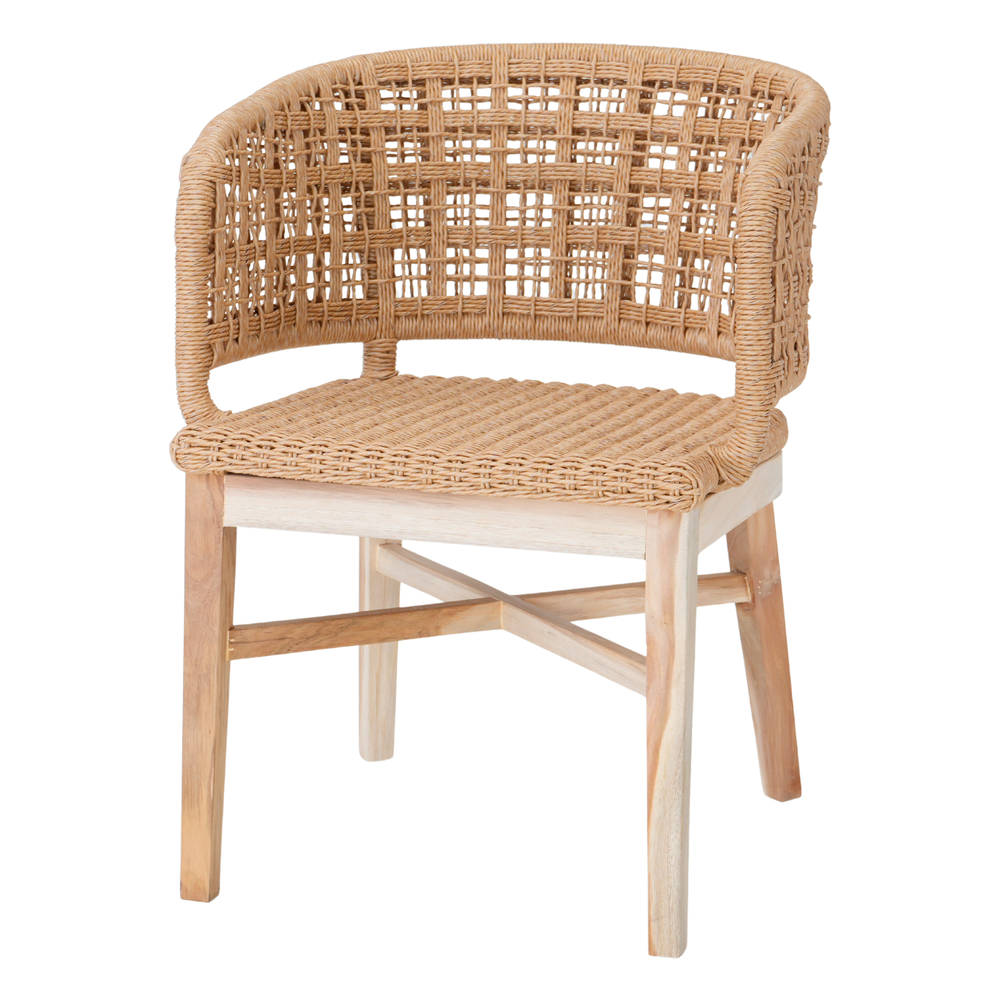 Silla de madera Wisla, estilo Mediterráneo. Estructura fabricada en madera maciza de teka. Asiento y respaldo en cuerda sintética trenzada. Válida para exterior a cubierto.