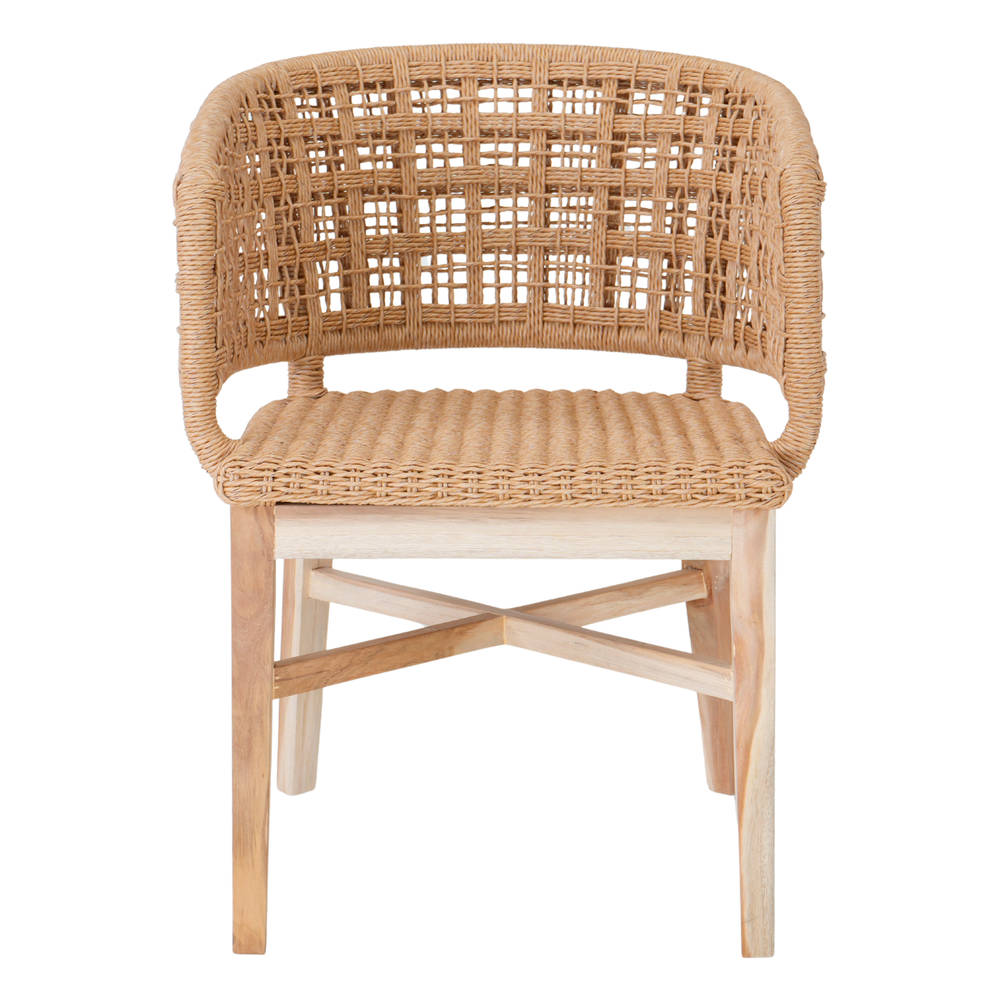 Silla de madera Wisla, estilo Mediterráneo. Estructura fabricada en madera maciza de teka. Asiento y respaldo en cuerda sintética trenzada. Válida para exterior a cubierto. frontal