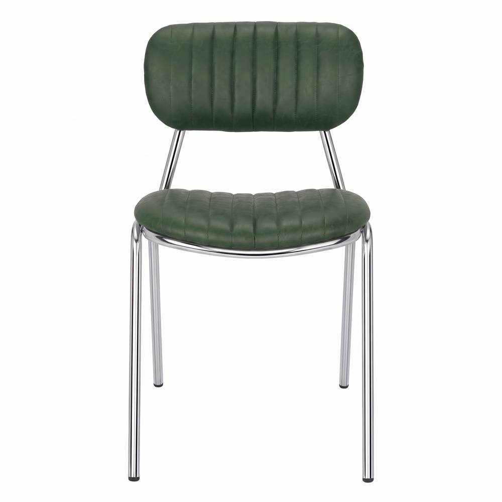 SILLA DE METAL FENWICK estilo Industrial con una estructura de acero de acabado cromado y un tapizado en polipiel de color verde frontal