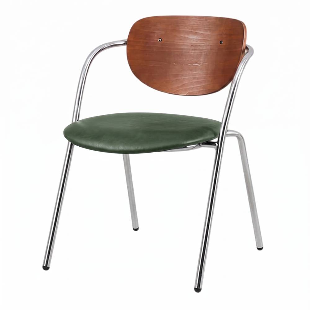 SILLA DE METAL TAPIZADA LANGLEY estilo Mid Century con una estructura de acero cromado, un respaldo de contrachapado con chapa de nogal y un asiento tapizado en textil negro