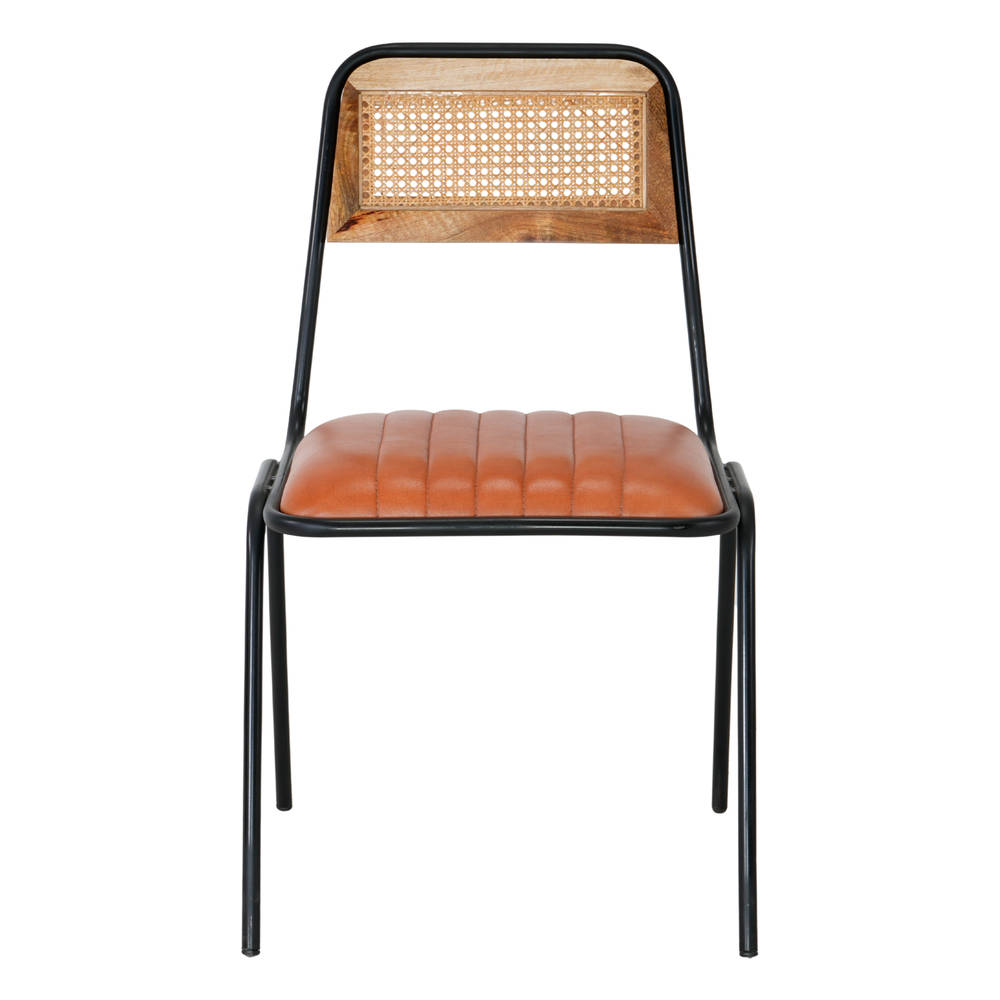 SILLA DE METAL Y PIEL SLIPPER estilo Industrial con asiento de piel y respaldo de rejilla. Frontal