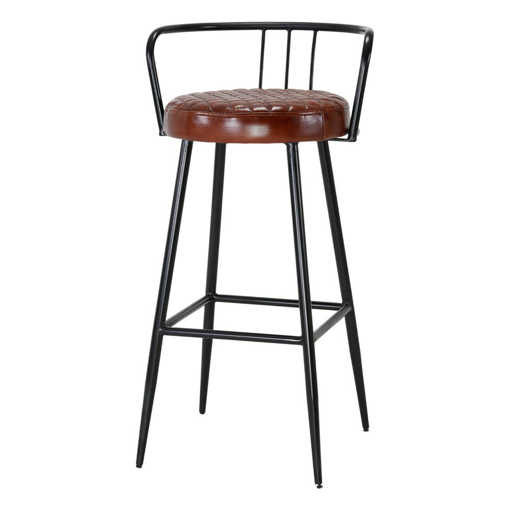 Taburete alto de metal y piel Dunasi, estilo Mid Century. Estructura tubular de acero acabada en pintura en polvo. Asiento de piel cosida a rombos.