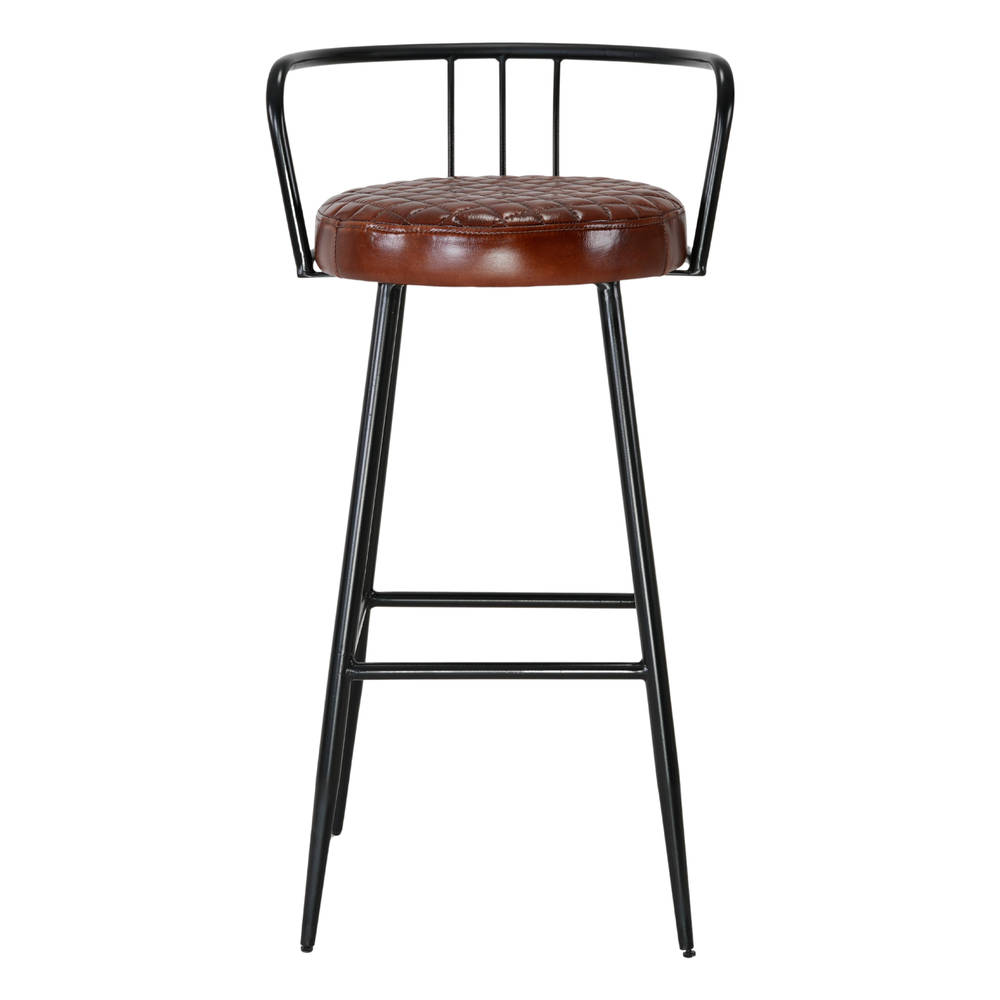 Taburete alto de metal y piel Dunasi, estilo Mid Century. Estructura tubular de acero acabada en pintura en polvo. Asiento de piel cosida a rombos. frontal